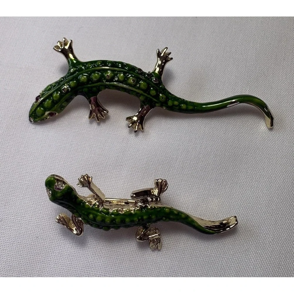Vintage 80s Green Enamel Lizard Gecko Brooch Pin Set 2pc Mother Baby Reptile